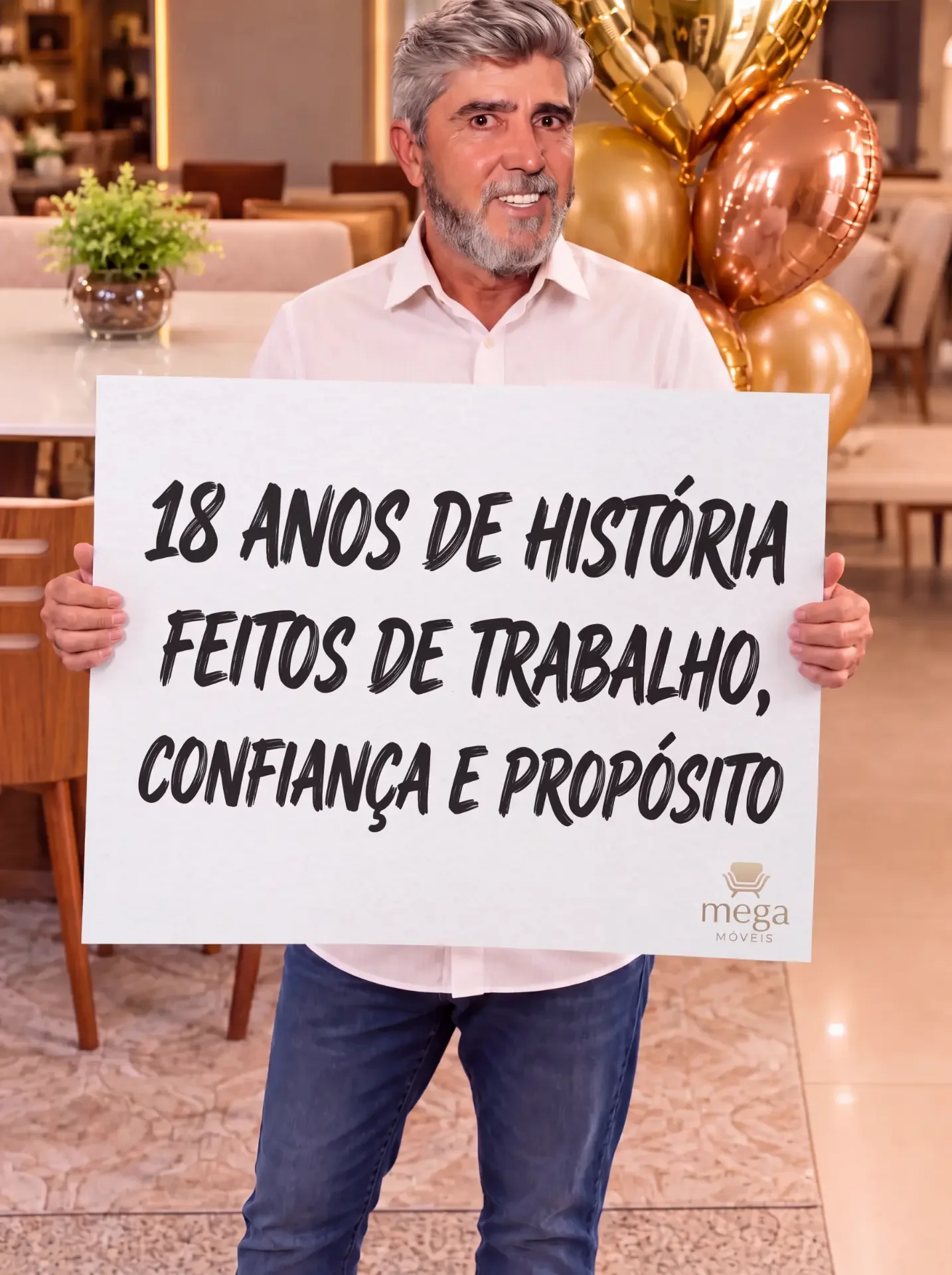 Proprietário da Mega Móveis celebrando 18 anos de história
